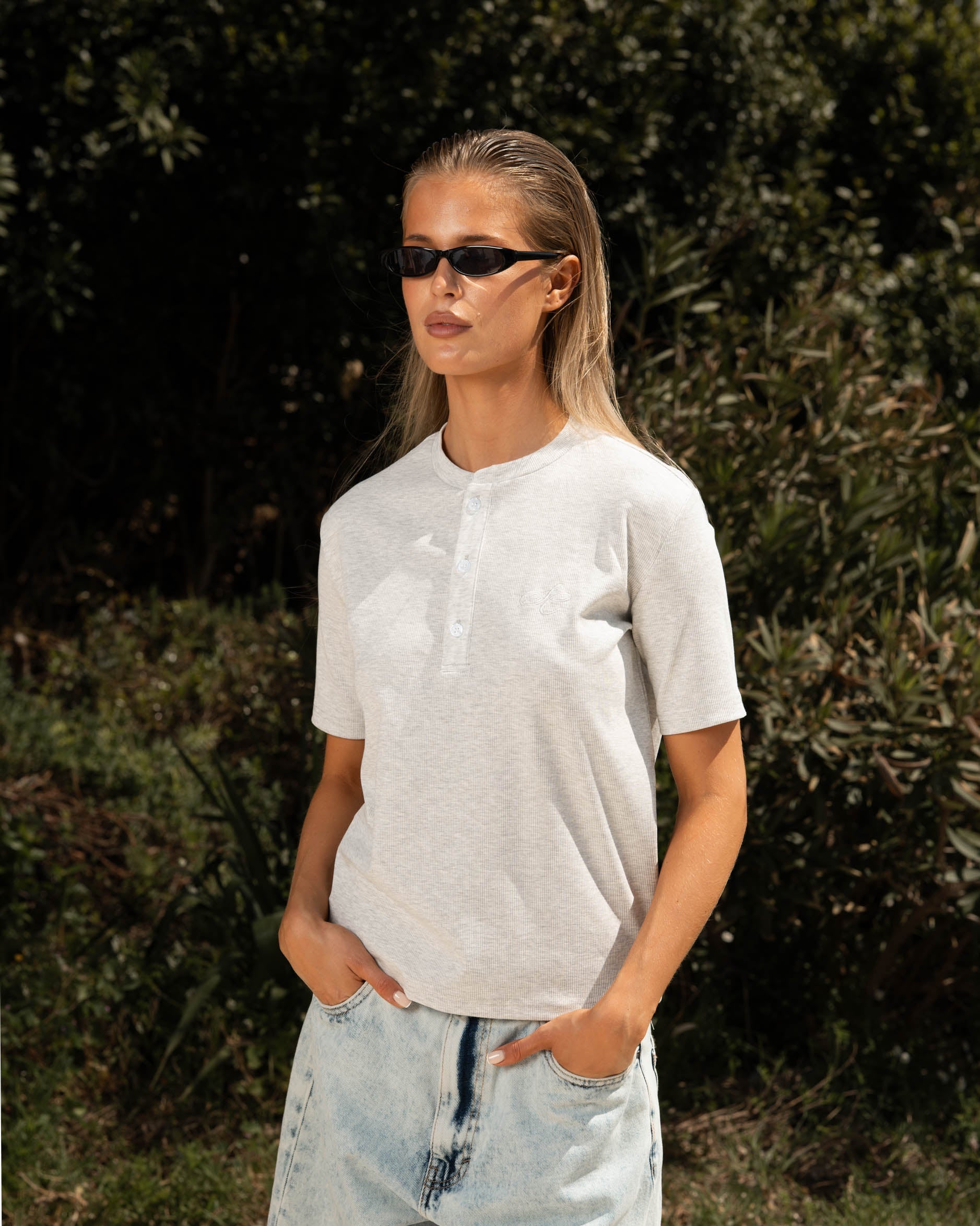 Henley Short Sleeve Heather Grey Dame
